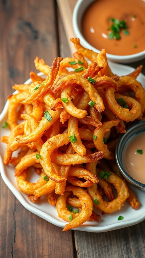 Crispy Onion Straws Recipe A plate of crispy onion straws served with a dipping sauce on a rustic table.